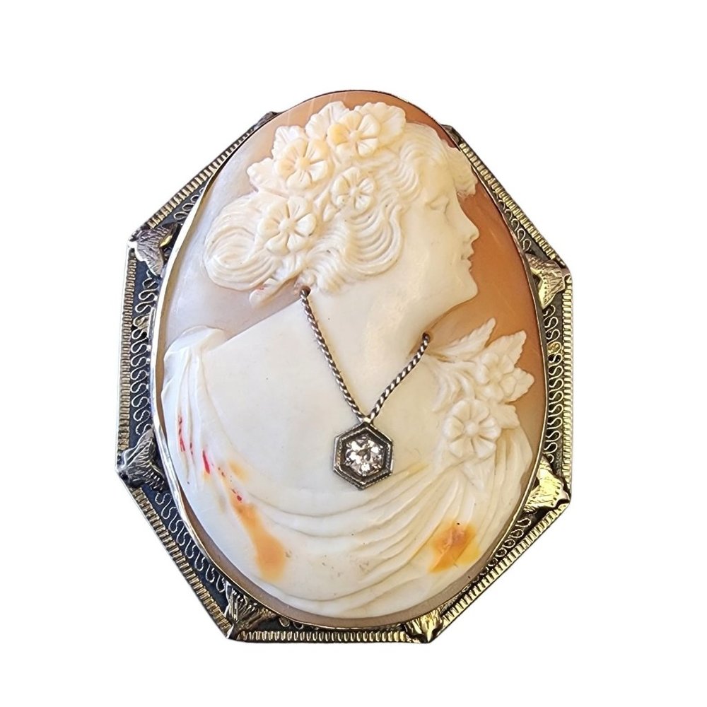 Antique 14kt Diamond Wonderfully Carved Cameo Pendant Brooch (A2931)
